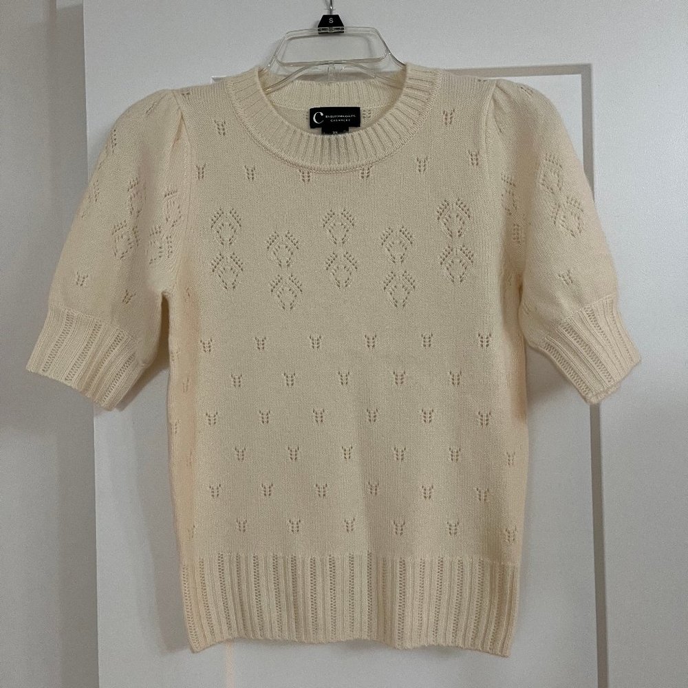 Cashmere Elbow Sleeve Pointelle Sweater | Ivory | Size XS